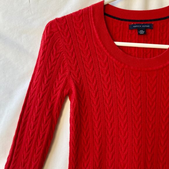 Tommy Hilfiger Apple Red Cotton Sweater Womens Size XXS Cable Knit Flag Preppy - Picture 4 of 16